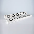 Two white booster fans with black blades on a light grey background