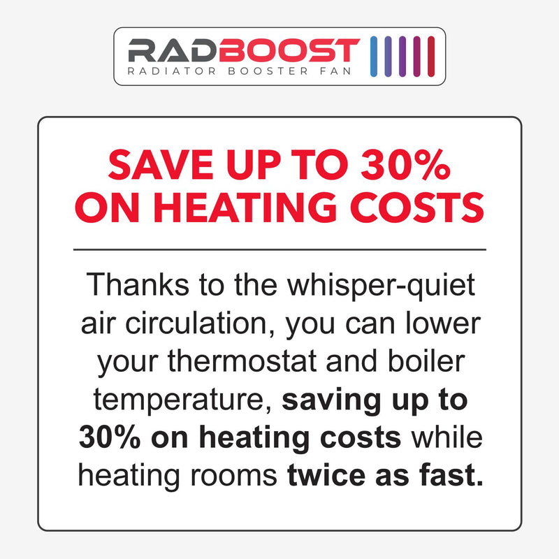 Advertisement for RadBoost radiator booster fan with text about saving on heating costs.