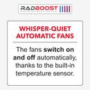 Advertisement for RadBoost radiator booster fan with text about whisper-quiet automatic fans.
