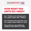 Radboost radiator booster fan selection guide with text on a white background